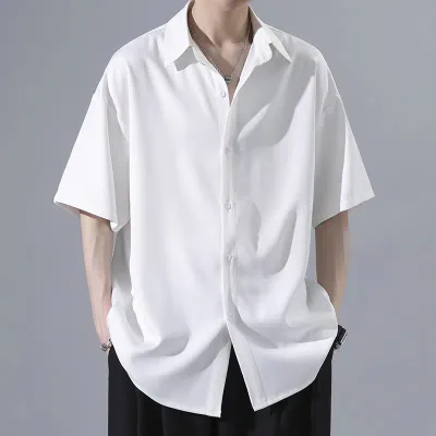 Men Fashion Casual Solid Color Ice Silk Lapel Short-Sleeve Loose Blouse