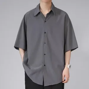 Men Fashion Casual Solid Color Ice Silk Lapel Short-Sleeve Loose Blouse