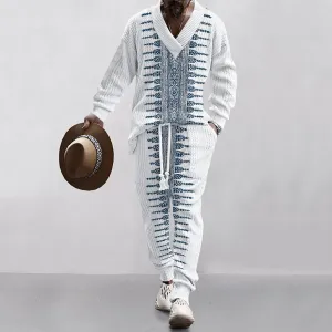 Men'S Fashion Casual Jacquard Long-Sleeve Sweater Drawstring Pants Two-Piece Set