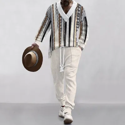 Men'S Fashion Casual Jacquard Long-Sleeve Sweater Drawstring Pants Two-Piece Set