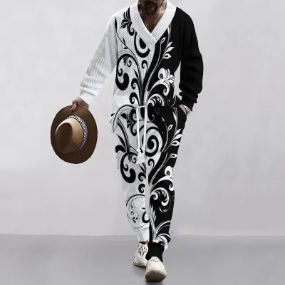 Men'S Fashion Casual Jacquard Long-Sleeve Sweater Drawstring Pants Two-Piece Set