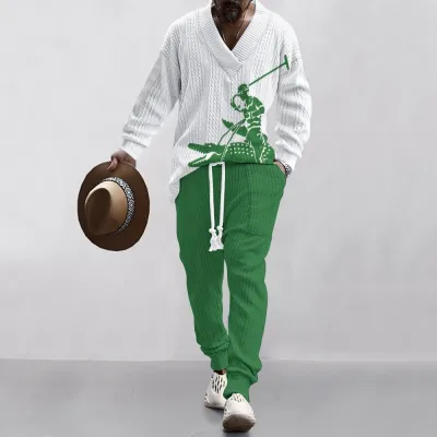 Men'S Fashion Casual Jacquard Long-Sleeve Sweater Drawstring Pants Two-Piece Set
