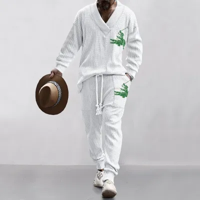 Men'S Fashion Casual Jacquard Long-Sleeve Sweater Drawstring Pants Two-Piece Set
