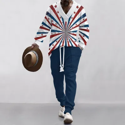 Men'S Fashion Casual Jacquard Long-Sleeve Sweater Drawstring Pants Two-Piece Set