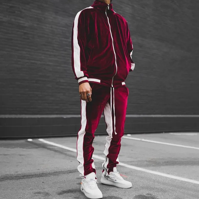 Men's Fashion Casual Autumn Winter Color Block Gold Velvet Jacket Drawstring Two-Piece Set