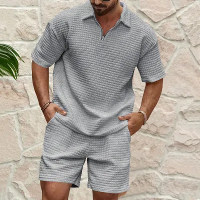 Men Fashion Casual Solid Color Jacquard Lapel Short Sleeve T-Shirt Loose Shorts Two-Piece Set