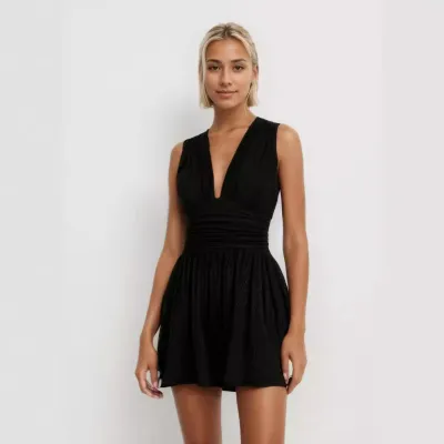 Women Fashion Sexy Solid Color Pleated V-Neck Sleeveless Rompers
