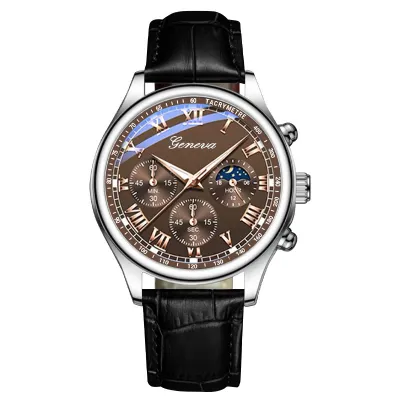 Men Fashion Casual Solid Color Business Round Quartz Watch with PU Strap