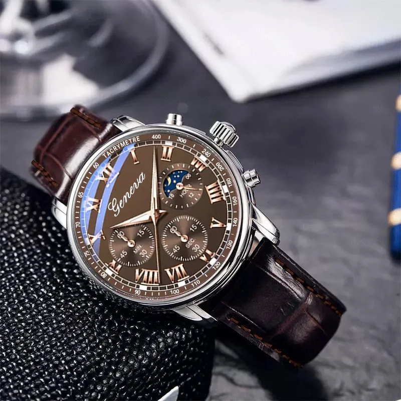 Men Fashion Casual Solid Color Business Round Quartz Watch with PU Strap