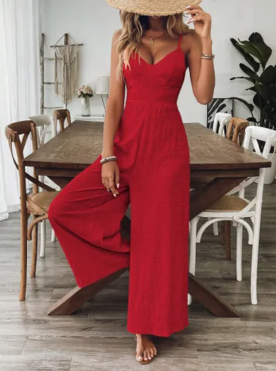 Women Fashion Sexy Solid Color Spaghetti Strap Backless Bowknot Jumpsuit