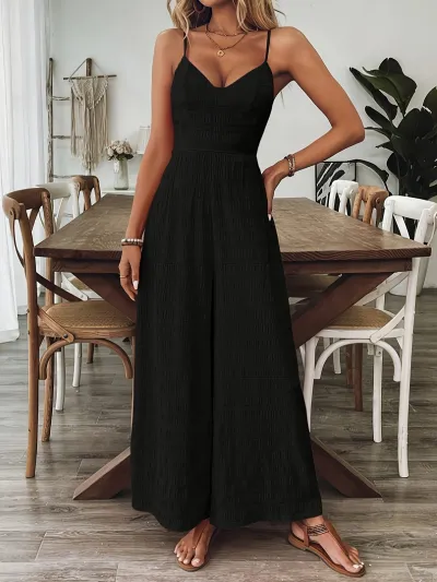 Women Fashion Sexy Solid Color Spaghetti Strap Backless Bowknot Jumpsuit