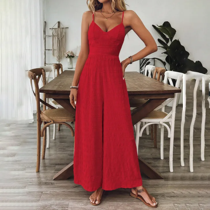 Women Fashion Sexy Solid Color Spaghetti Strap Backless Bowknot Jumpsuit