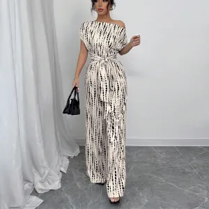 Women Fashion Stripe Slanted Shoulder Wide Leg Lace-Up Jumpsuit