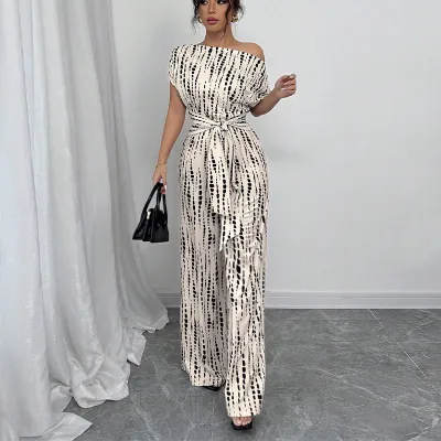 Women Fashion Stripe Slanted Shoulder Wide Leg Lace-Up Jumpsuit