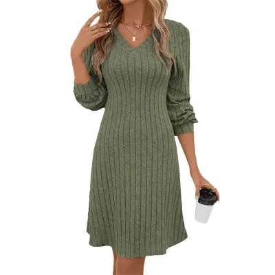 Women Casual Fall Winter V-Neck Rib-Knit Long Sleeve Midi Dress