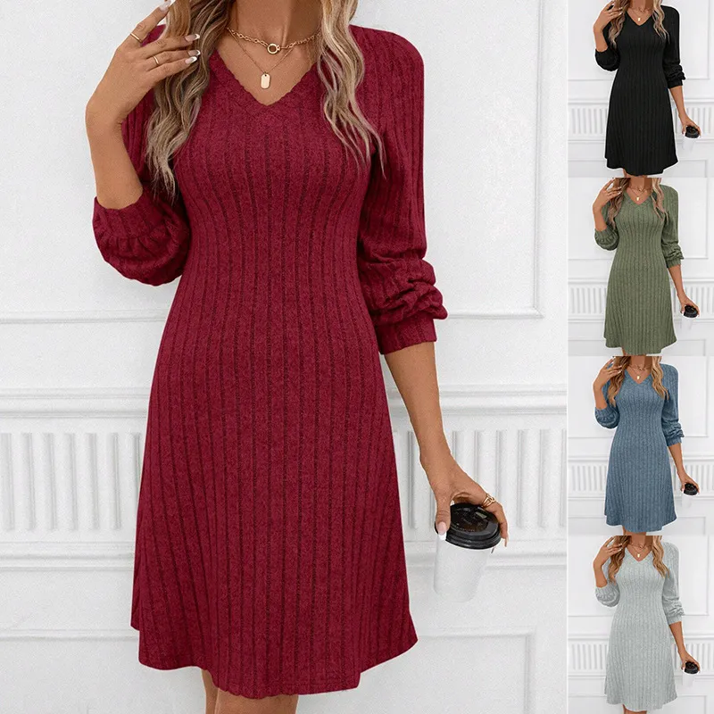 Women Casual Fall Winter V-Neck Rib-Knit Long Sleeve Midi Dress