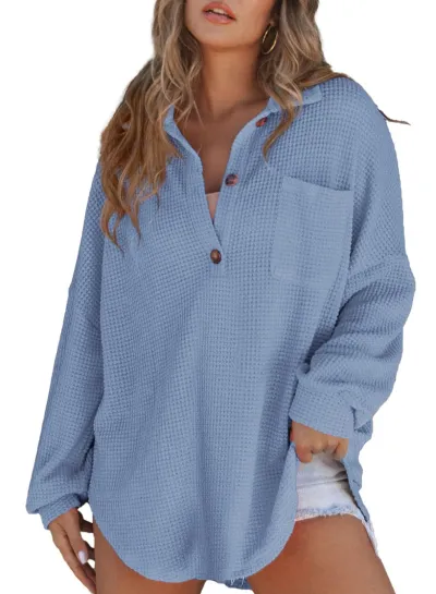 Women Autumn Winter Solid Color Waffle Pullover Sweatshirt