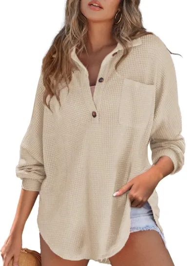 Women Autumn Winter Solid Color Waffle Pullover Sweatshirt