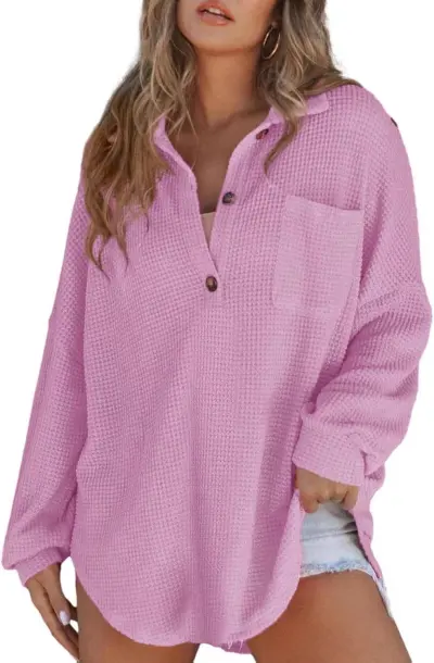 Women Autumn Winter Solid Color Waffle Pullover Sweatshirt