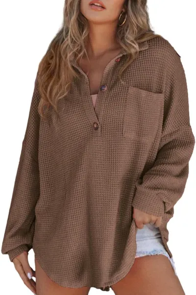 Women Autumn Winter Solid Color Waffle Pullover Sweatshirt