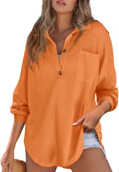 Women Autumn Winter Solid Color Waffle Pullover Sweatshirt