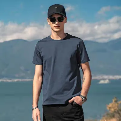 Men Fashion Casual Solid Color Ice Silk Cotton Short-Sleeve T-Shirt