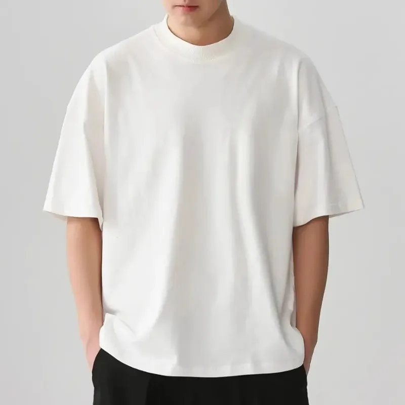 Men's Casual Solid Cotton Thickened Loose T-Shirt with Crewneck