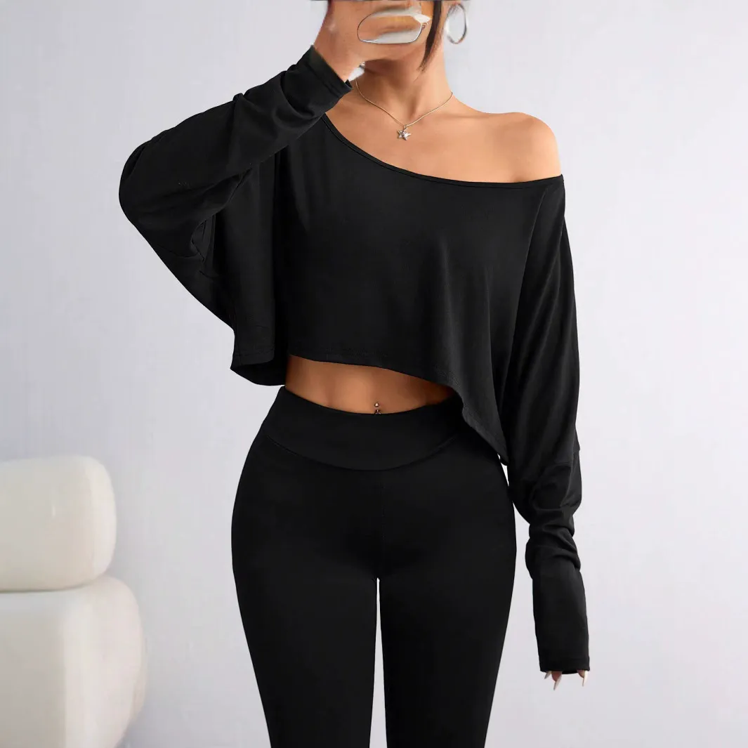Women Fashion Sexy Solid Color Off-Shoulder Long Sleeve Loose T-Shirt