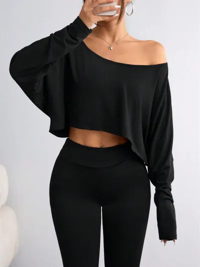 Women Fashion Sexy Solid Color Off-Shoulder Long Sleeve Loose T-Shirt