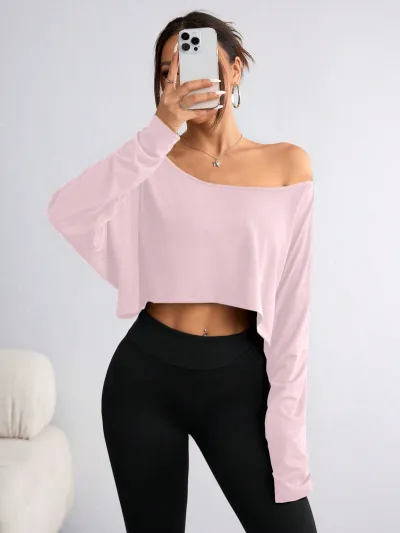 Women Fashion Sexy Solid Color Off-Shoulder Long Sleeve Loose T-Shirt