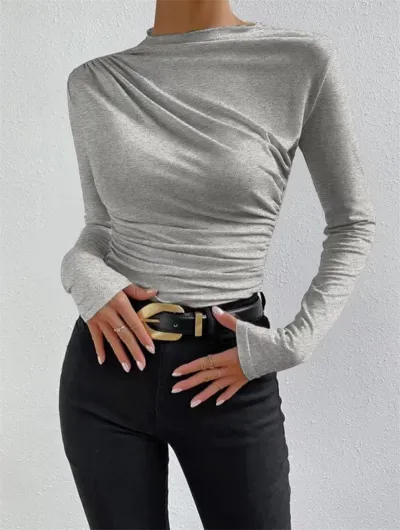 Women Slim Fit Pleated Round Neck Long Sleeve T-Shirt - Commuter Style Solid Color