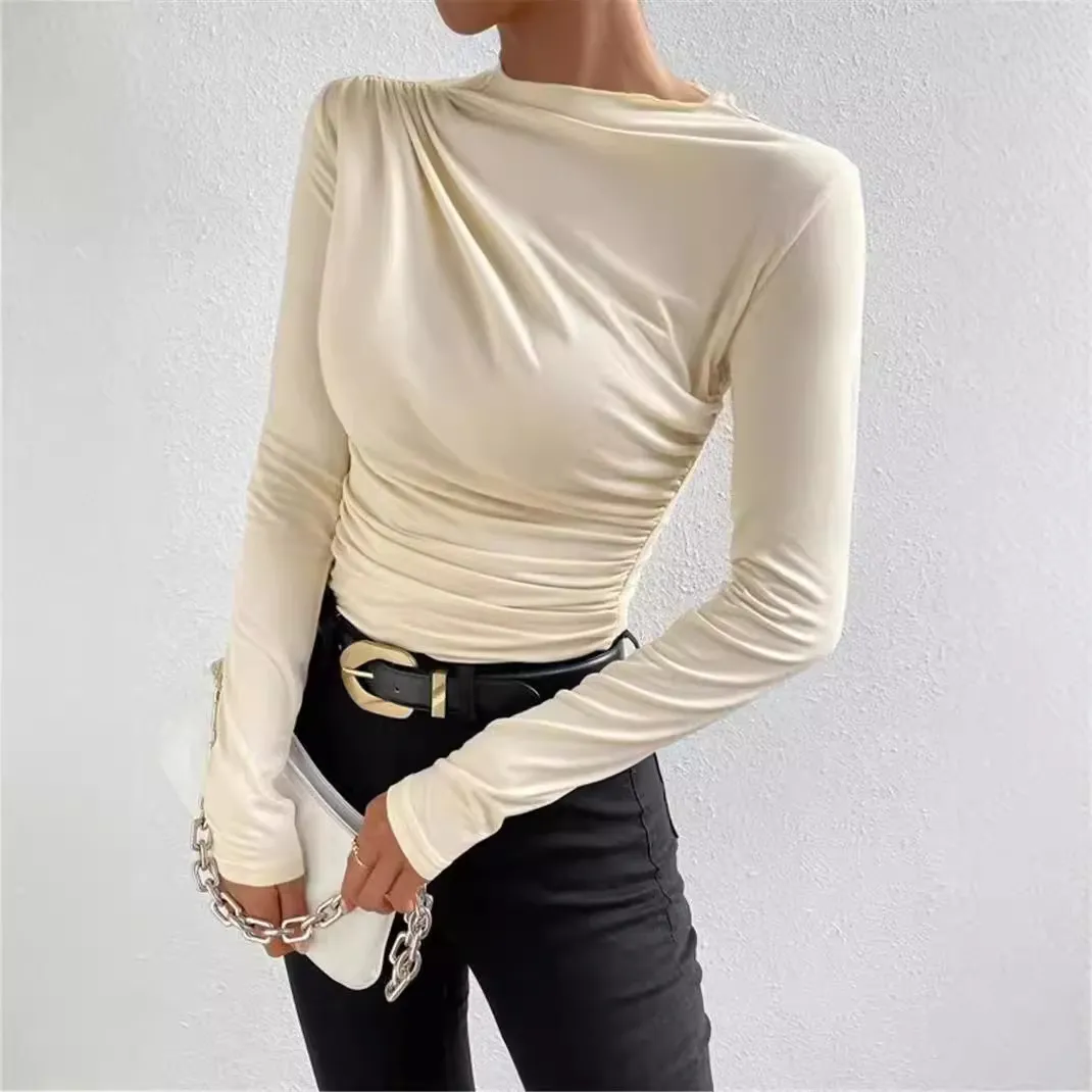 Women Slim Fit Pleated Round Neck Long Sleeve T-Shirt - Commuter Style Solid Color