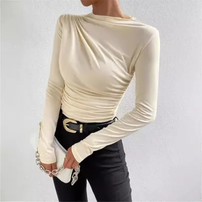 Women Fashion Casual Solid Color Pleated Round Neck Long Sleeve T-Shirt