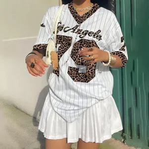 Women Casual Stripe Digital Printed V-Neck Loose Sports Jersey T-Shirt