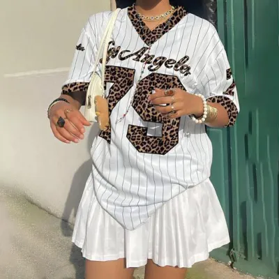 Women Casual Stripe Digital Printed V-Neck Loose Sports Jersey T-Shirt
