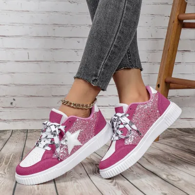 Women Fashion Casual Colorblock Round Toe Lace-Up Platform Sneakers