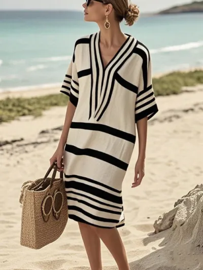 Women Casual Vacation Digital Printed Stripe V-Neck Short-Sleeve Midi Dress
