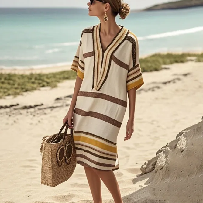 Women Casual Vacation Digital Printed Stripe V-Neck Short-Sleeve Midi Dress