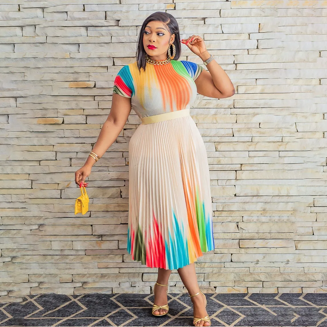 Women Casual Abstract Printed Pleated Midi Dress Short-Sleeve Loose High Waist