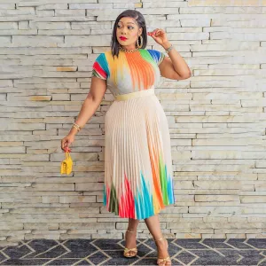 Women Casual Abstract Printed Pleated Midi Dress Short-Sleeve Loose High Waist