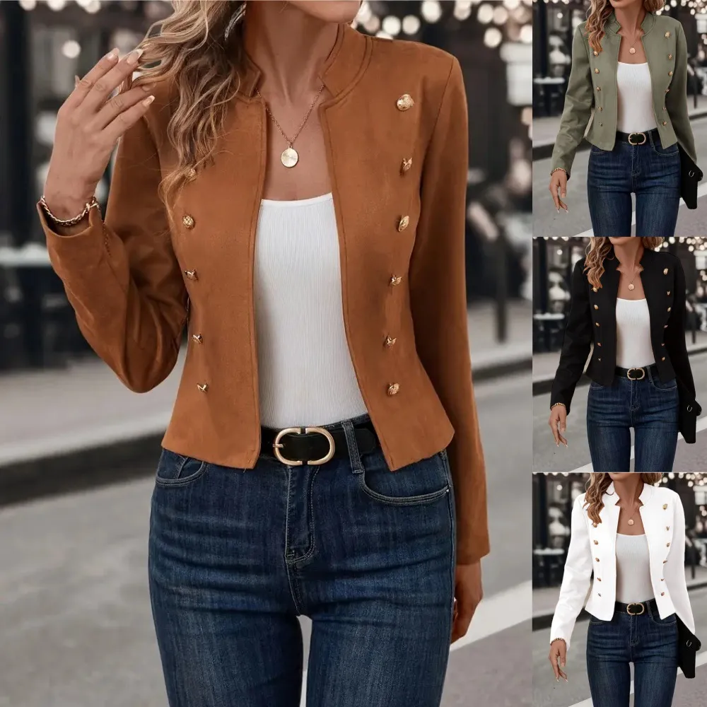 Autumn Winter Women Solid Color Double-Breasted Blazer Jacket