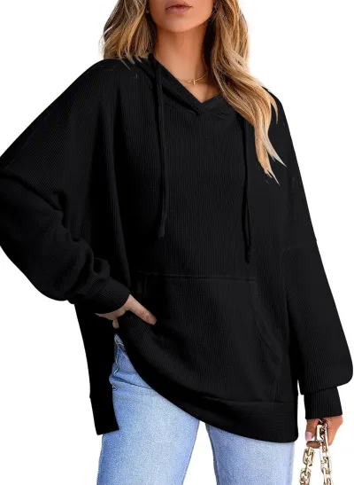Autumn Winter Women Casual Waffle Pocket Long Sleeve Hoodie