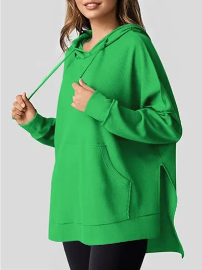 Autumn Winter Women Casual Waffle Pocket Long Sleeve Hoodie