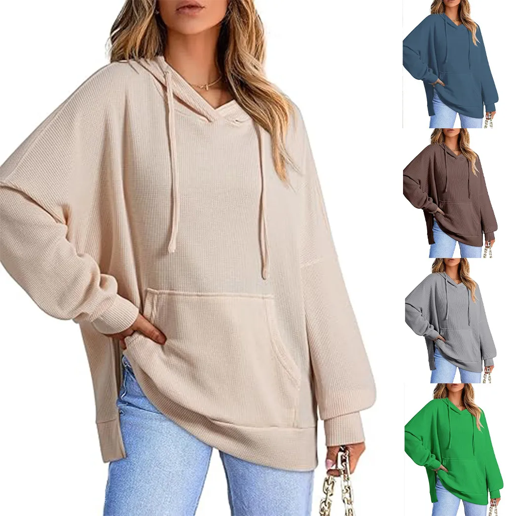 Autumn Winter Women Casual Waffle Pocket Long Sleeve Hoodie