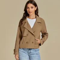 Women Autumn And Winter Long-Sleeved Double-Breasted Lapel Casual Jacket Short Trench Coat