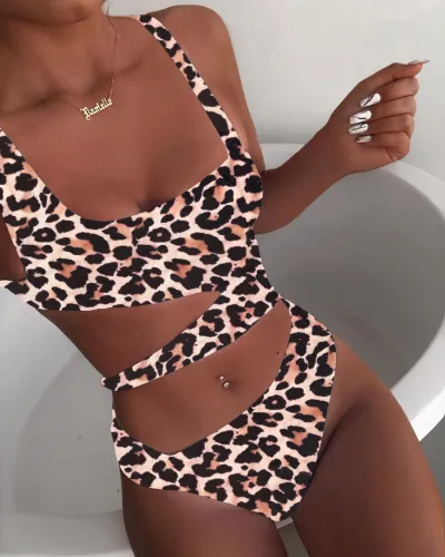 Women Sexy Solid Color Hollow Out One-Piece Swimsuit