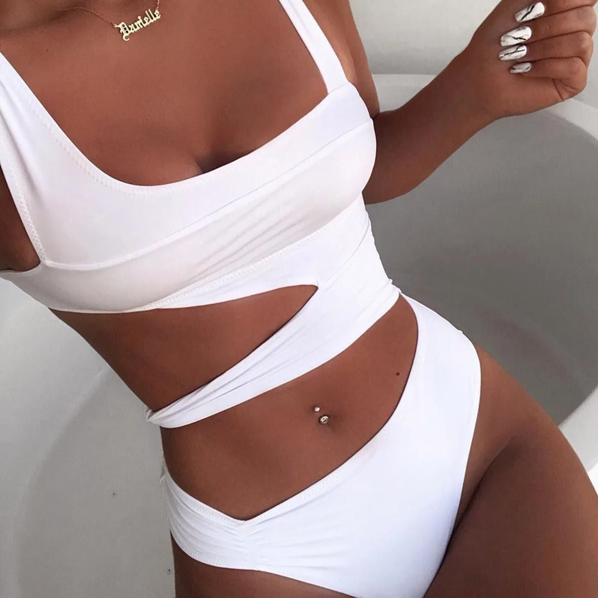 Women Sexy Solid Color Hollow Out One-Piece Swimsuit
