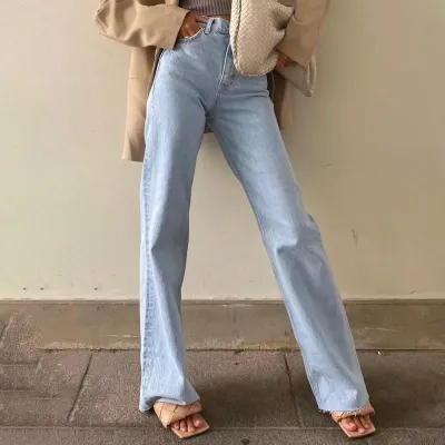 Women Fashion Casual Solid Color High Waist Fur Edge Wide Leg Jeans