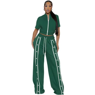 Women's Athleisure Short-Sleeve Zipper Top And Pants Two-Piece Set - Street Style