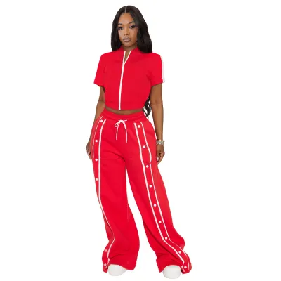Women's Athleisure Short-Sleeve Zipper Top And Pants Two-Piece Set - Street Style